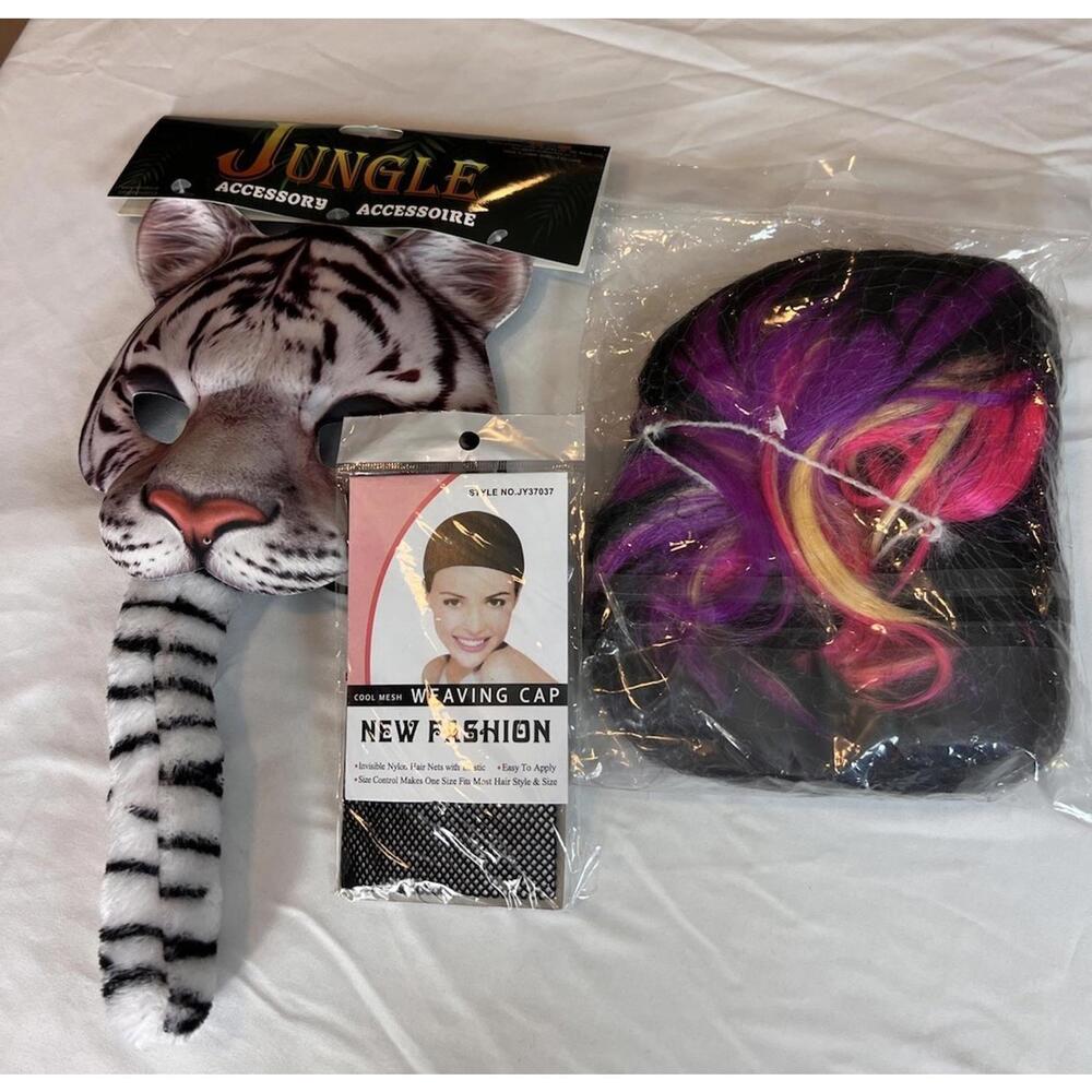 Snow‎ Tiger Mask Tail & Punk Multicolor Wig Halloween Costume Set NIB